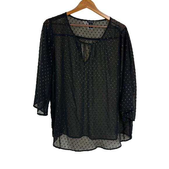 Torrid Black & Gold Foil Textured Dot Chiffon Bell Sleeve Sheer Top Size 0X - Picture 5 of 10